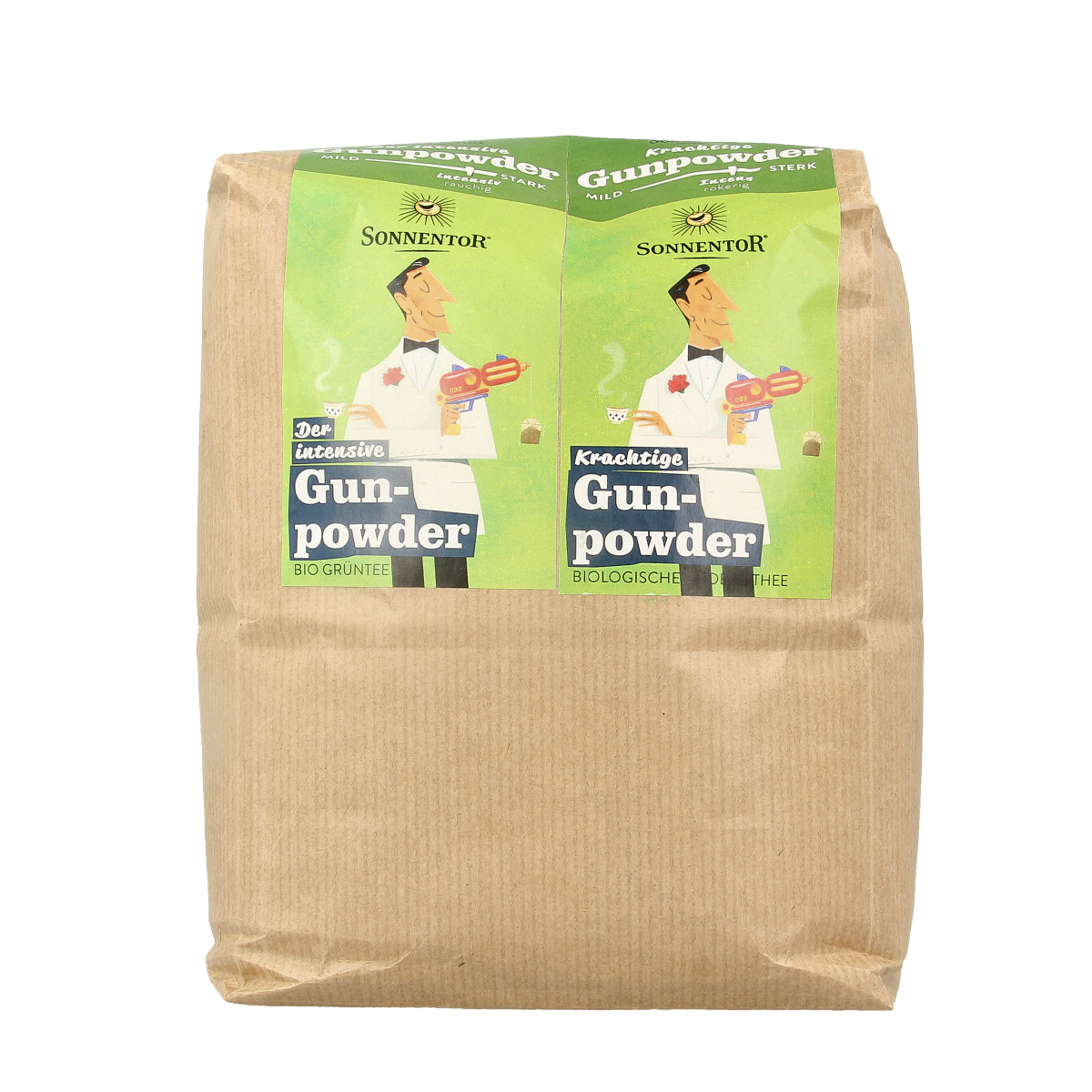Sonnentor Gunpowder groene thee los bio, a 1000g package of organic green tea leaves in a clear container.