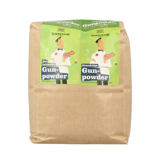 Sonnentor Gunpowder groene thee los bio, a 1000g package of organic green tea leaves in a clear container.