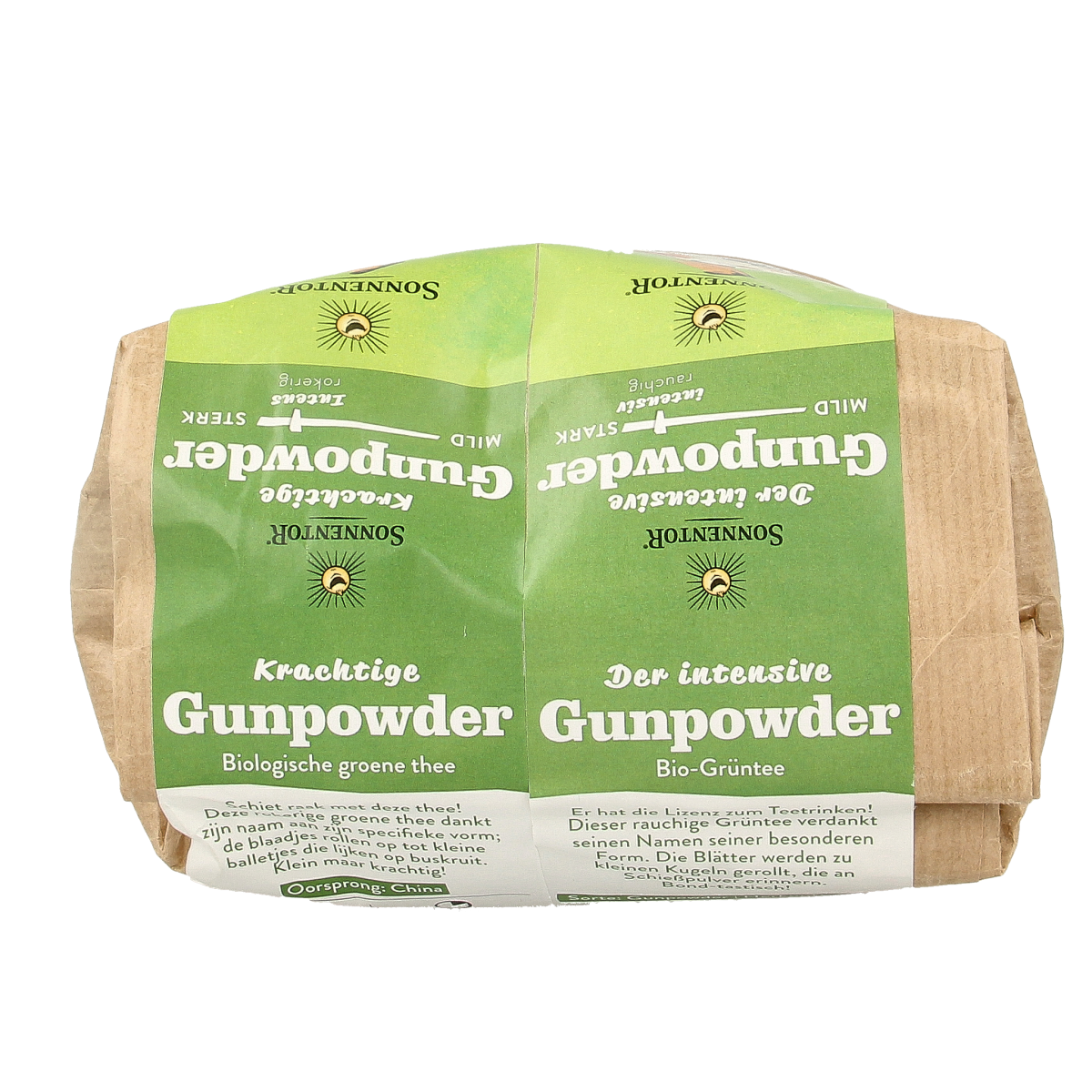 Sonnentor Gunpowder groene thee los bio in 1000g bag, fresh green tea leaves with rolled gunpowder appearance, eco-friendly packaging.