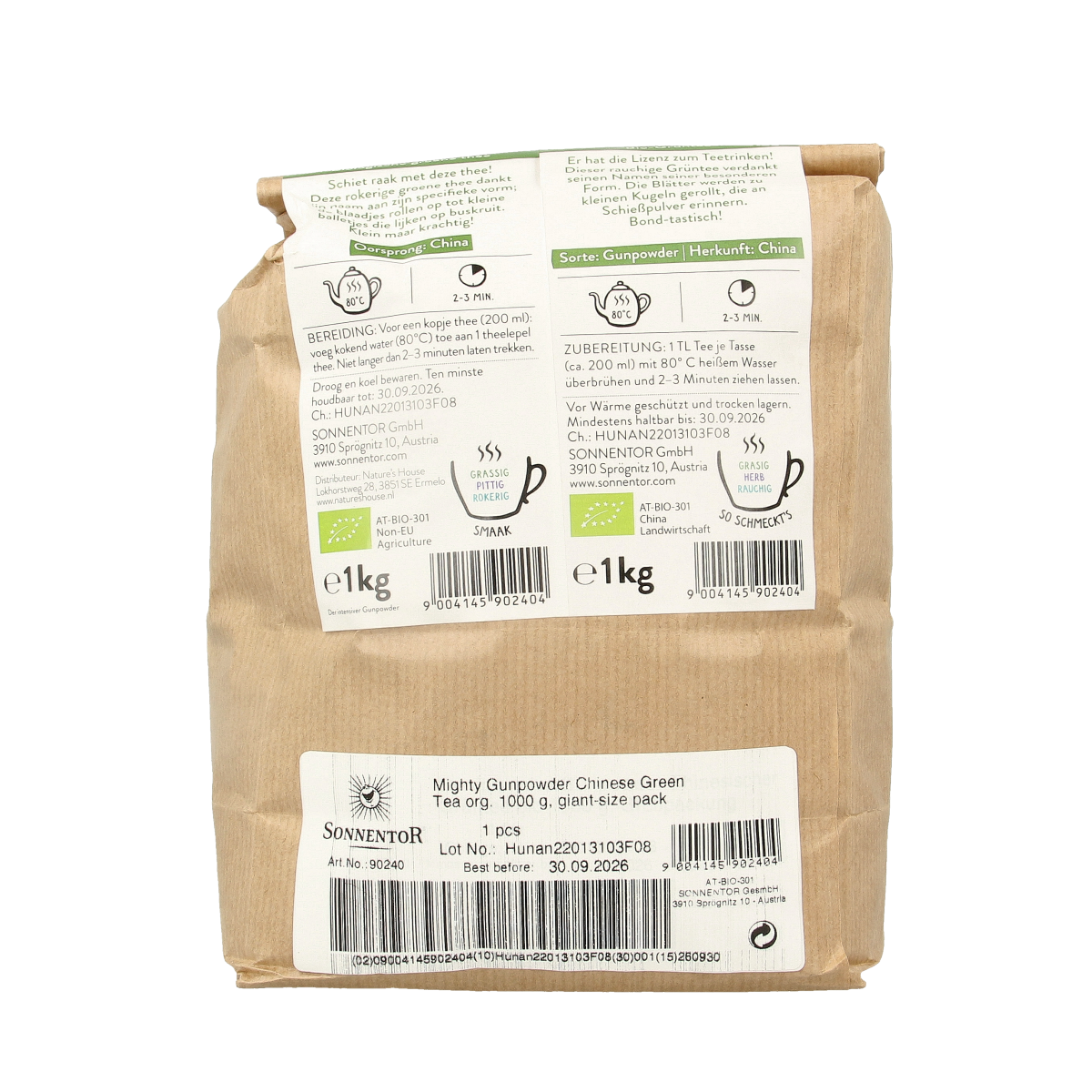 Sonnentor Gunpowder groene thee los bio in 1000g package, featuring small rolled green tea leaves on a plain background.
