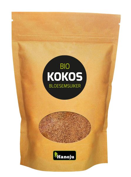 Organic Hanoju coconut blossom sugar in a 250g package, natural sweetener from coconut flowers, shown in the image.