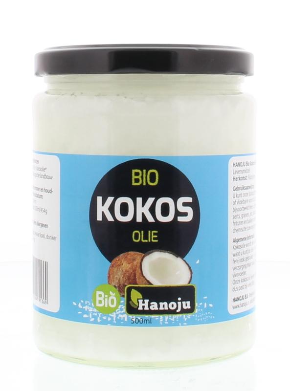 Virgin organic coconut oil by Hanoju in a 500ml jar, showing the clear, solid coconut oil inside the container.