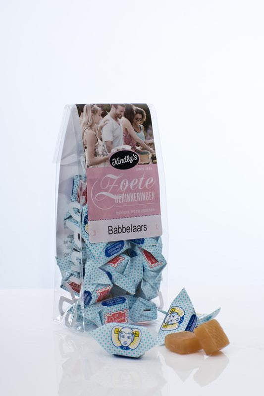 Sweet Kindly's Babbelaars in 130g bag, colorful chewy caramel candies from the Dutch confectionery brand Kindly's.