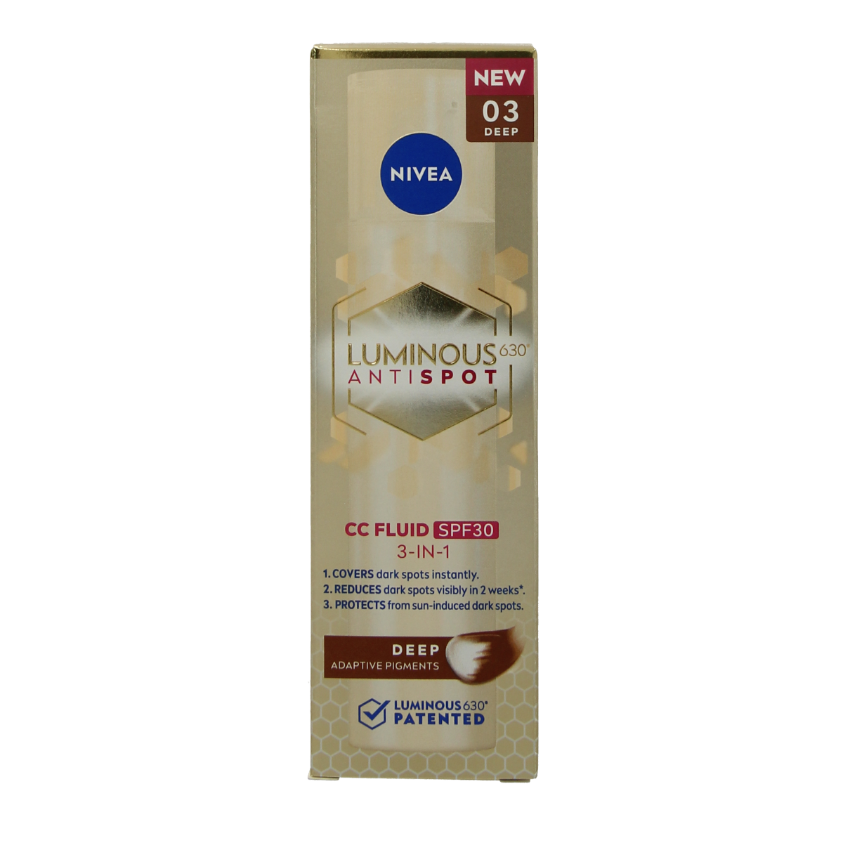 Nivea Cellular Luminous 630 SPF30 facial skincare fluid in a 40ml bottle, designed for evening skin tone and sun protection.