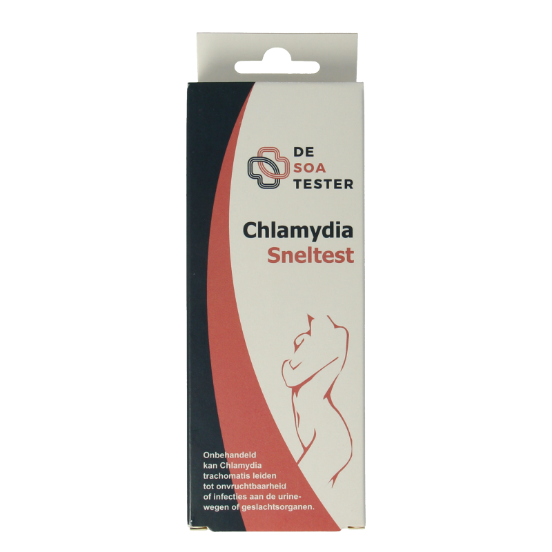 The Tester Chlamydia vrouw test kit showing packaging and testing components for at-home STI testing.