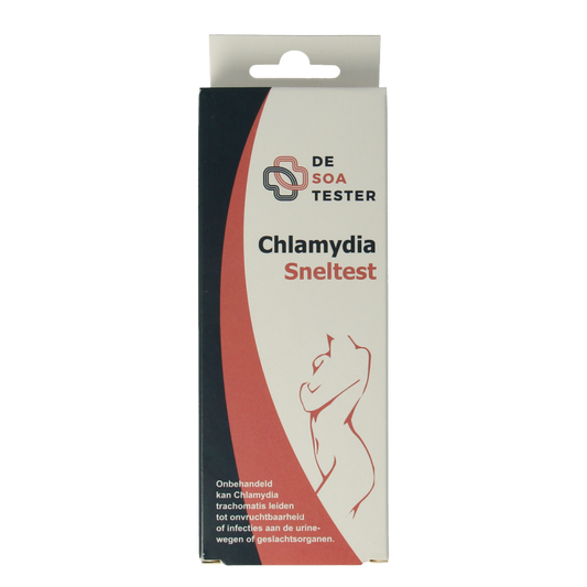 The Tester Chlamydia vrouw test kit showing packaging and testing components for at-home STI testing.