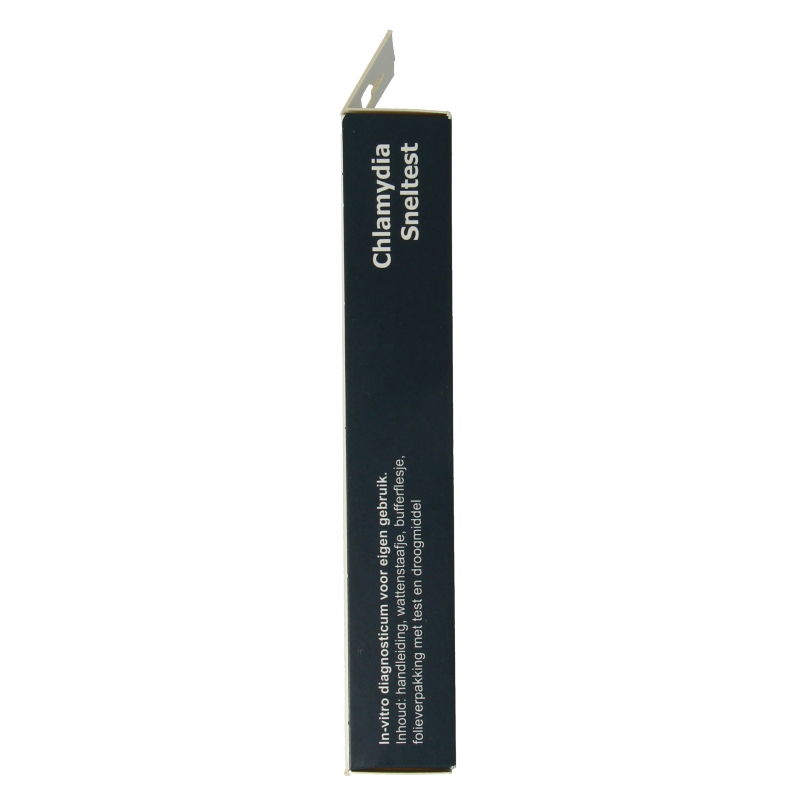 The Tester Chlamydia vrouw test kit for home use, showing the unopened testing device and instructions on a white background.