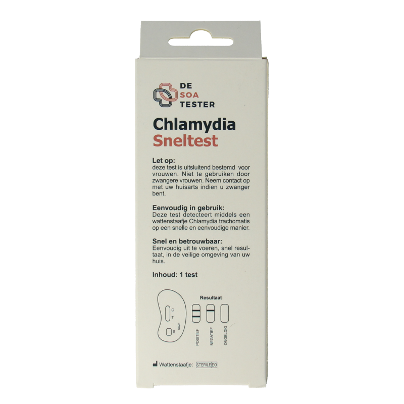 The Tester Chlamydia vrouw test kit showing the packaging and testing components for self-diagnosis of Chlamydia in women.