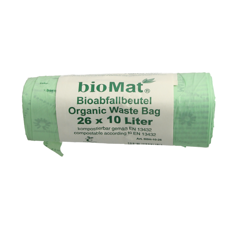 Biomat compost wastebags, 10-liter capacity, 26-pack of household trash bags with handles, suitable for waste disposal.