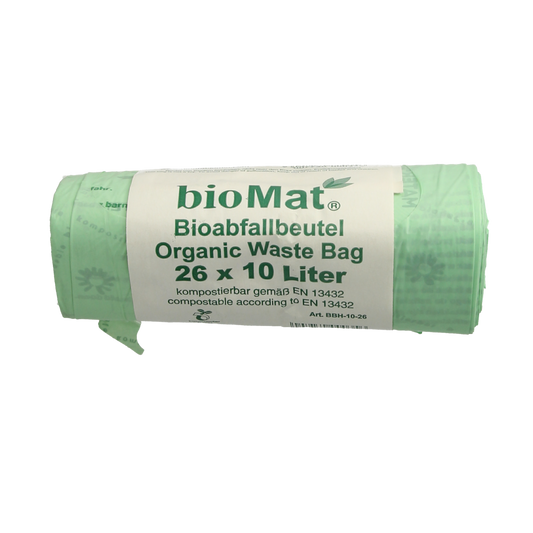 Biomat 10L compost wastebag with handle, 26-pack, durable trash bags for household composting and waste disposal.