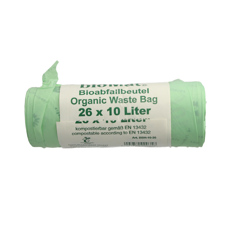 Set of 26 Biomat 10-liter compost wastebags with handles, durable household trash bags for eco-friendly waste disposal.