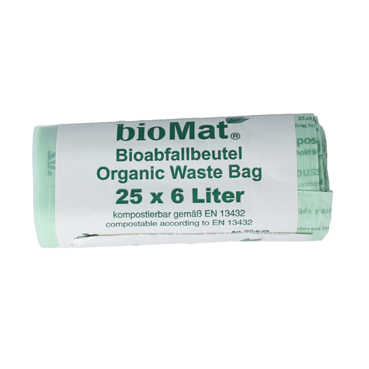 Biomat compost wastebag 6-liter pack of 25 household trash bags, durable and eco-friendly garbage bags for composting.