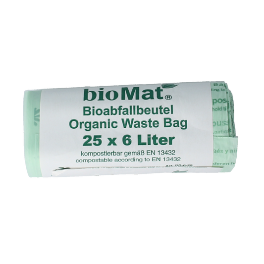 Biomat compost wastebag 6-liter pack of 25 household trash bags, durable and eco-friendly garbage bags for composting.