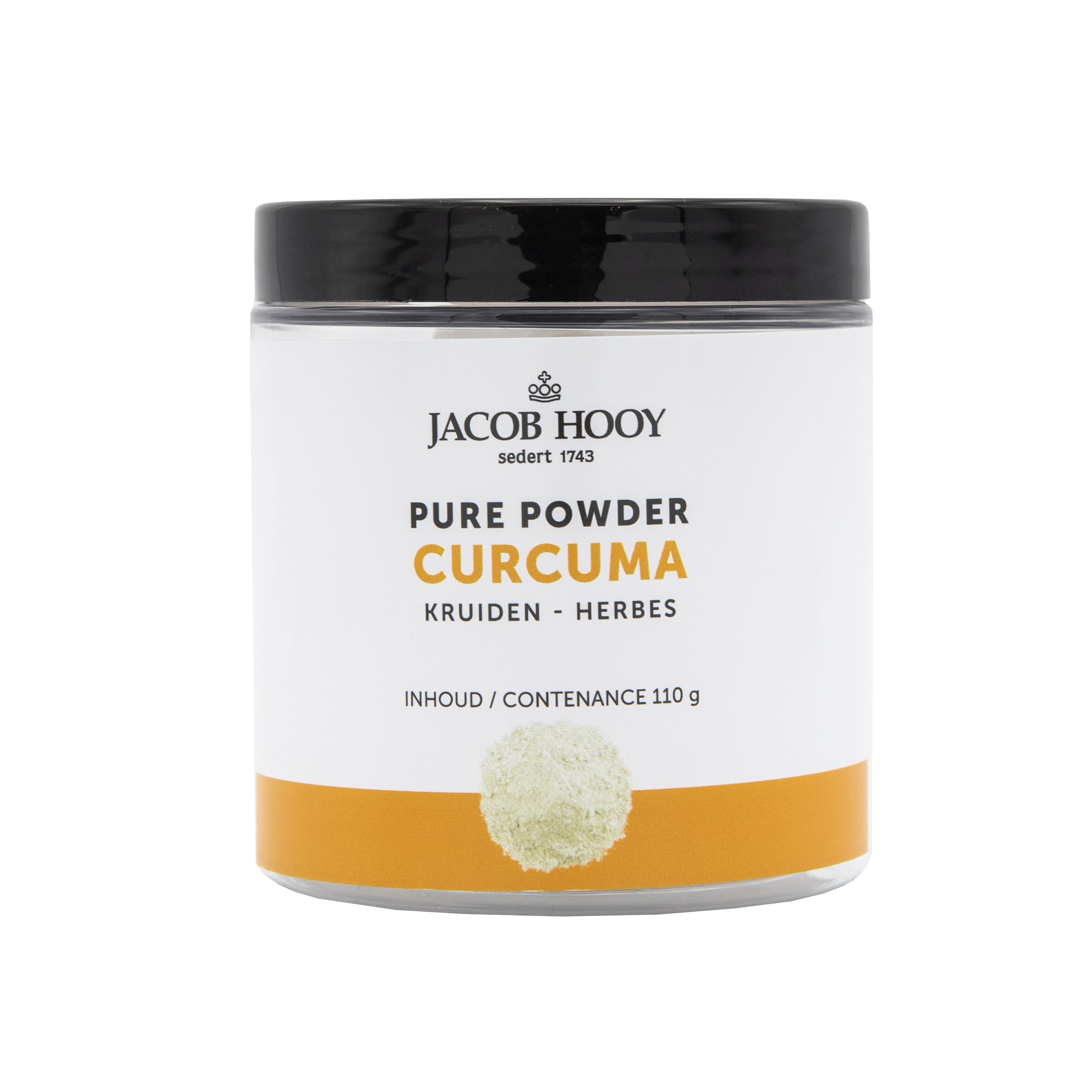Jar of Jacob Hooy Pure Powder Curcuma Longa with bright yellow turmeric powder inside.