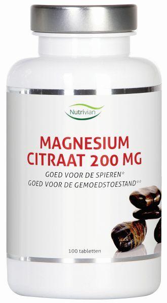 Nutrivian Magnesium Citraat 200 mg mineral supplement tablets, showing a bottle of 100 tablets with a white label and blue accents.