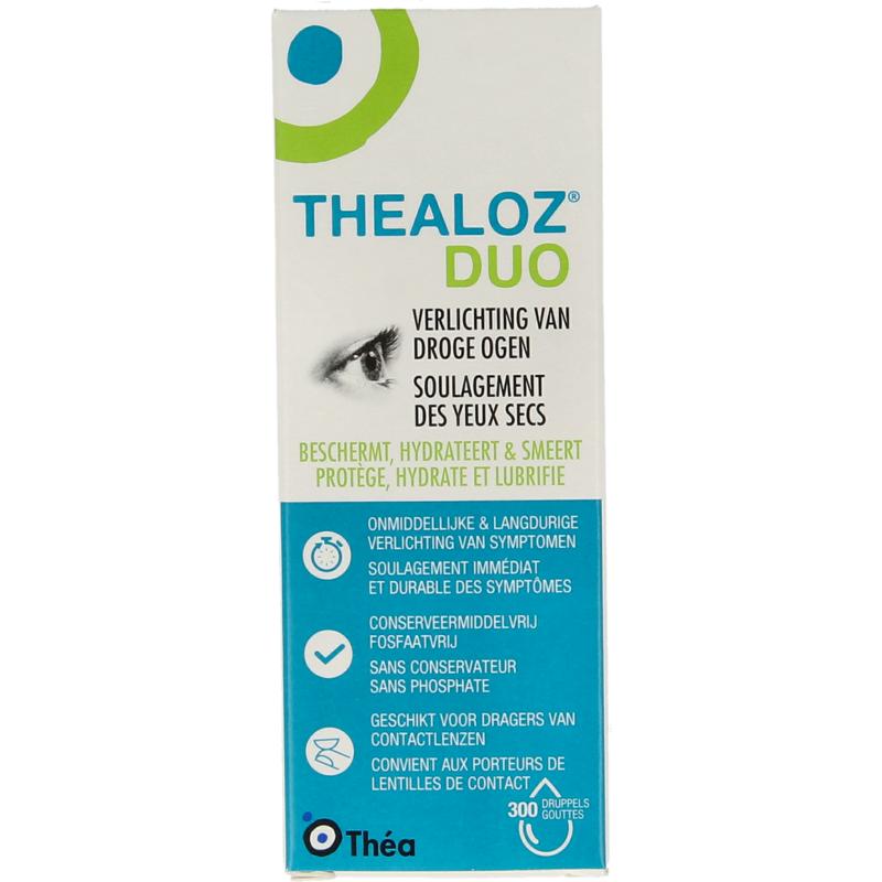 Thealoz Duo eye drops 10ml bottle for eye care, featuring a white and blue packaging with eye drop nozzle visible.