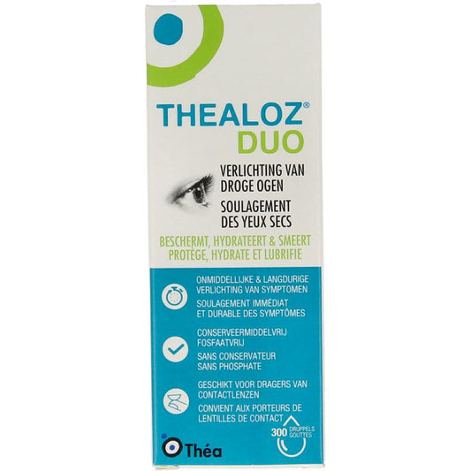 Thealoz Duo eye drops 10ml bottle for eye care, featuring a white and blue packaging with eye drop nozzle visible.
