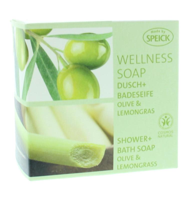 Speick Wellness olive and lemongrass soap bar, 200g, natural skincare product with fresh, herbal scent and moisturizing properties.