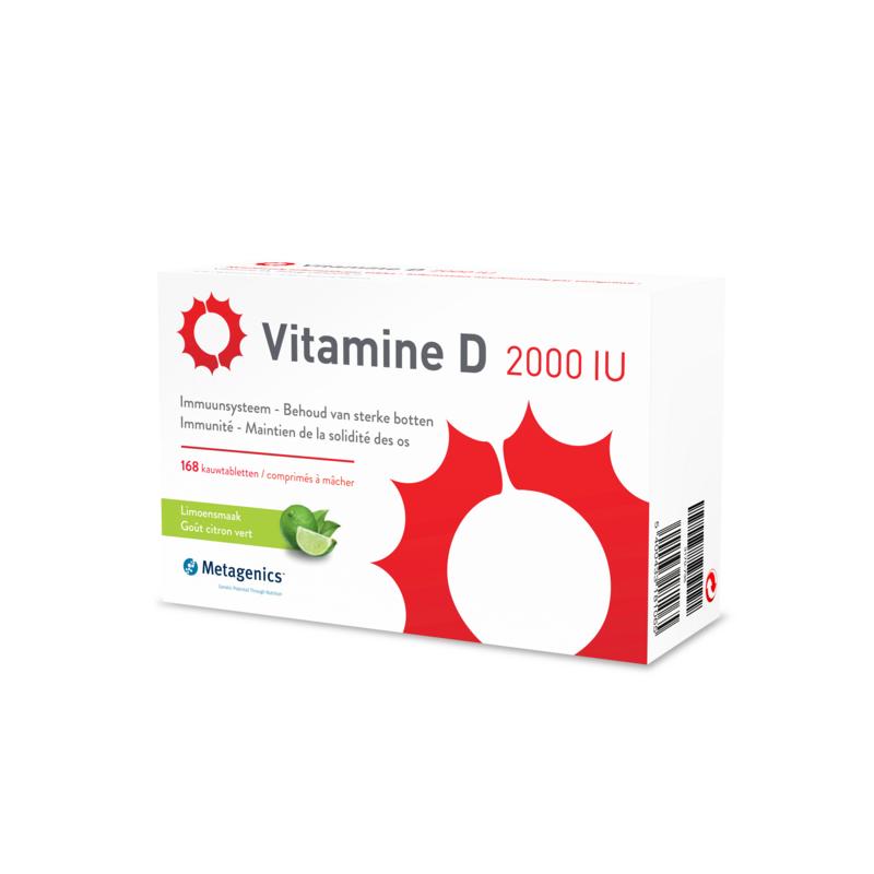 Metagenics Vitamin D 2000IU supplement in a bottle of 168 tablets, showing the tablets and label.