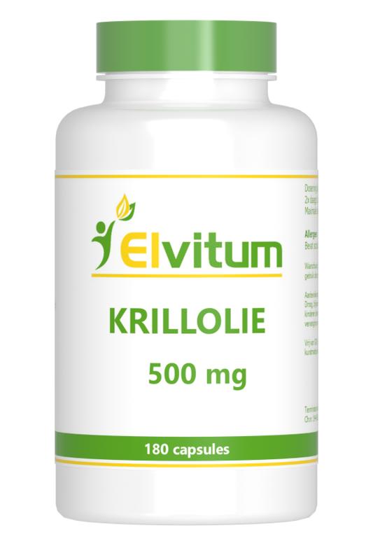 Elvitum Krill Oil 500mg capsules showing a bottle of 180 capsules, rich in omega-3 fatty acids for health and wellness.