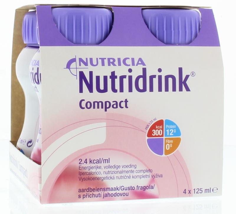 Nutridrink Compact aardbei medical diet supplement bottles, 125ml each, displayed in a pack of four.