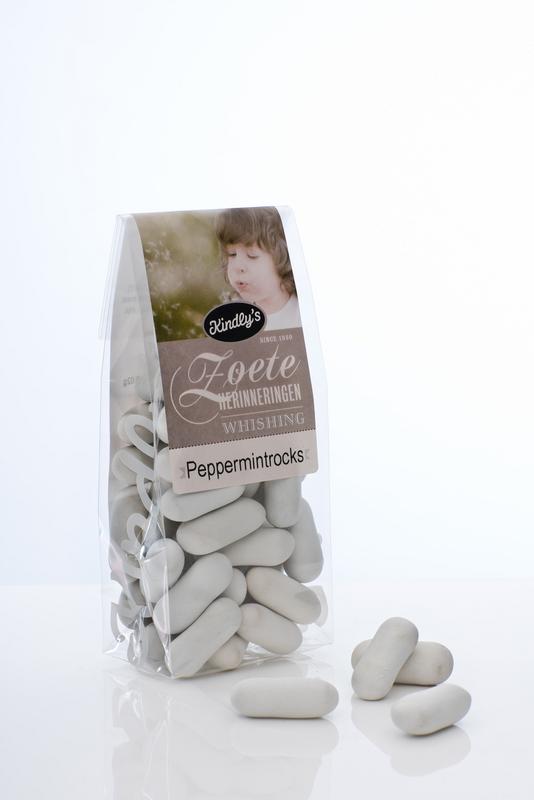 Kindly's Peppermintrocks zoete herinneringen snoepgoed in 180g package, showing colorful peppermint candies in a clear bag.
