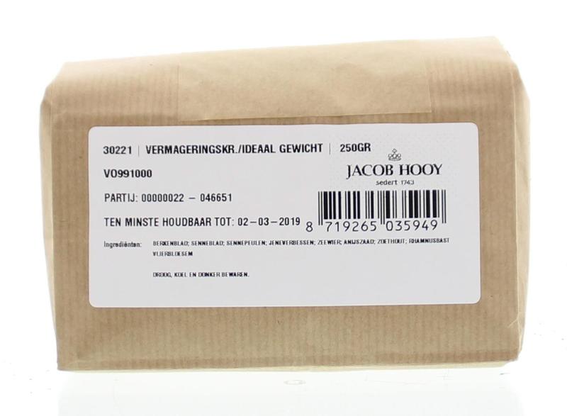 Jacob Hooy Ideaalgewicht kruiden in 250g jar, weight management herbal blend, natural diet supplement in a clear jar.