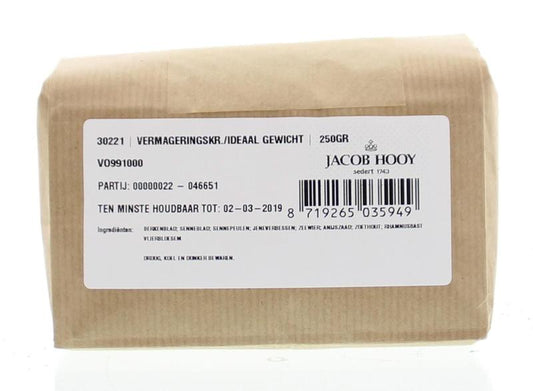 Jacob Hooy Ideaalgewicht kruiden in 250g jar, weight management herbal blend, natural diet supplement in a clear jar.