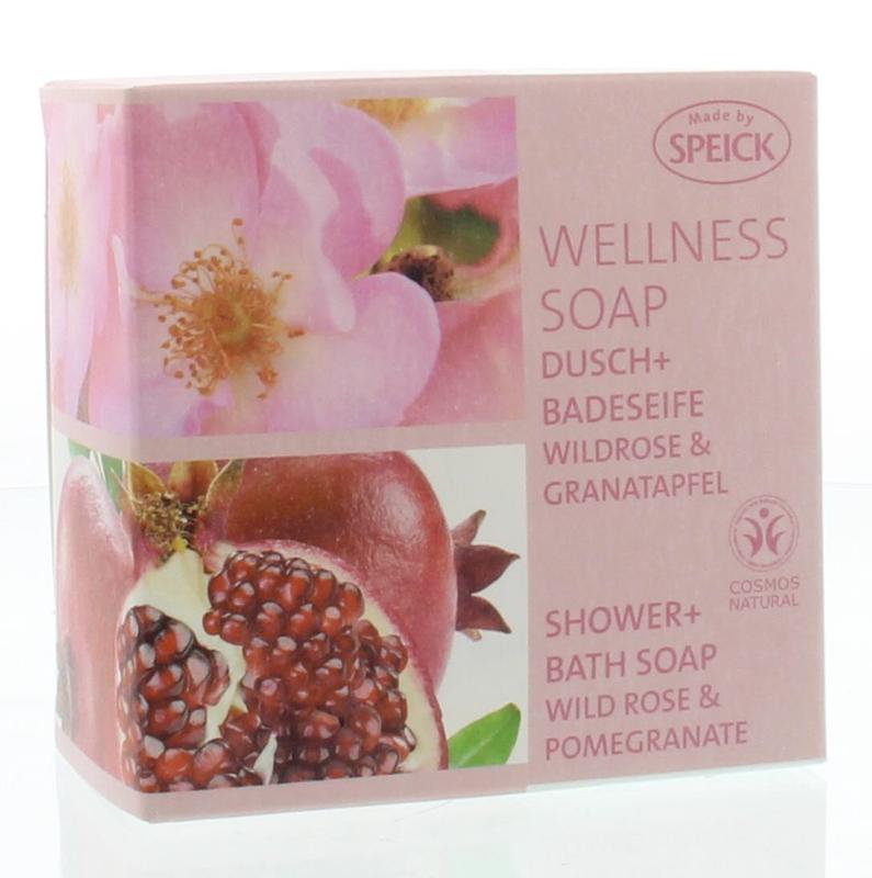 Speick Wellness wilde roos en granaatappel zeep, 200g, showing a bar of natural soap with floral and fruit ingredients.