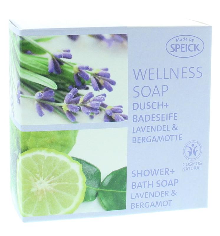 Speick Wellness lavender and bergamot soap bar, 200g, with natural lavender and bergamot scents in a rectangular soap shape.