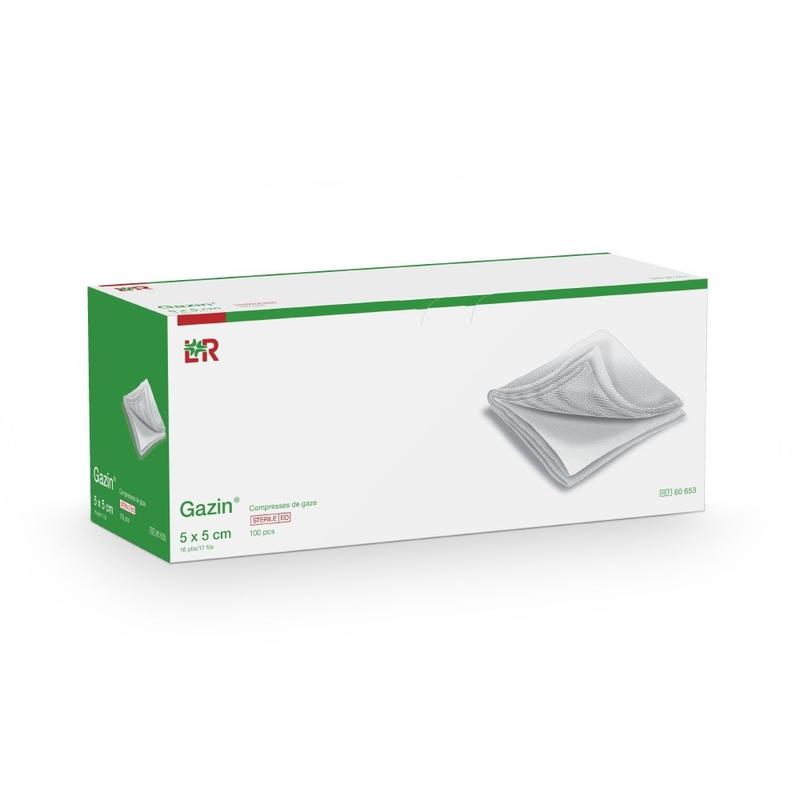 Gazin Gaaskompres 5x5cm niet-steriel, pack of 100 sterile gauze pads used for wound dressing and medical care.