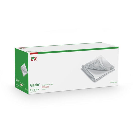 Gazin Gaaskompres 5x5cm niet-steriel, pack of 100 sterile gauze pads used for wound dressing and medical care.