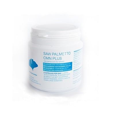 Naturapharma Saw Palmetto CMN plus vegetarian capsules, herbal supplement for prostate health, shown in bottle with capsules.