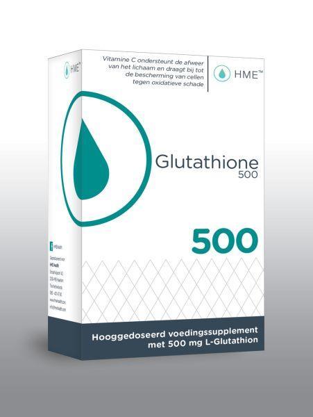 HME Glutathione 500 capsules, dietary supplement with amino acids, showing the bottle and capsule details.