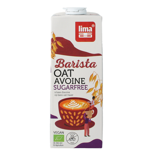 Lima Barista oat sugar-free bio drink in 1-liter bottle, natural oat beverage for drinks and recipes.