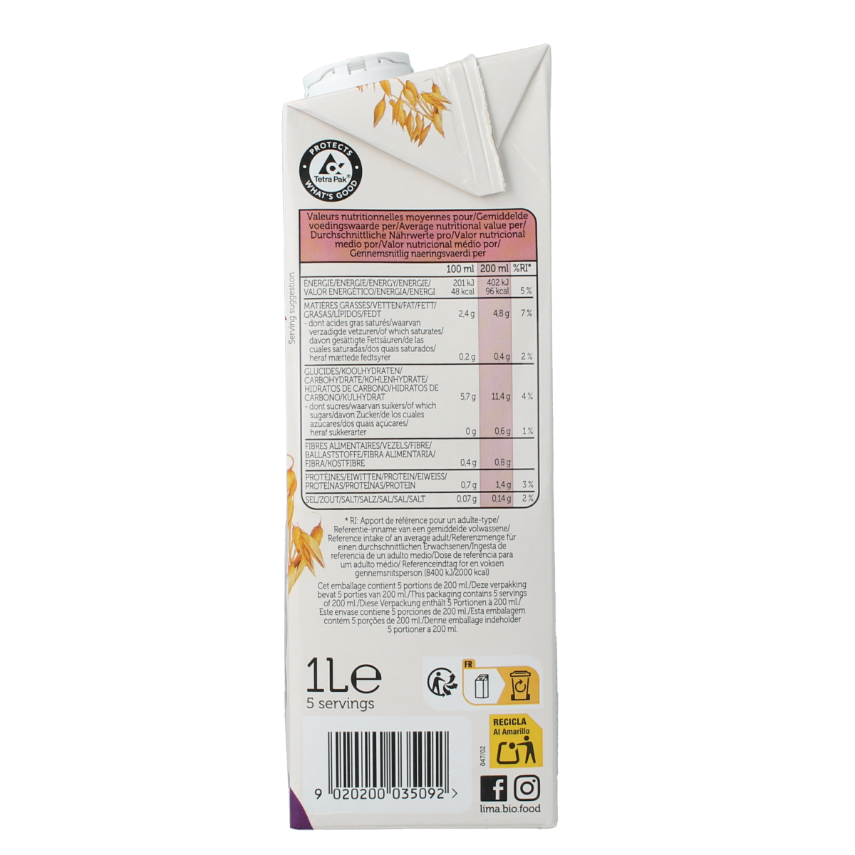 Lima Barista oat sugar-free bio drink in a 1-liter bottle, perfect for coffee and beverage recipes, with natural oat ingredients.