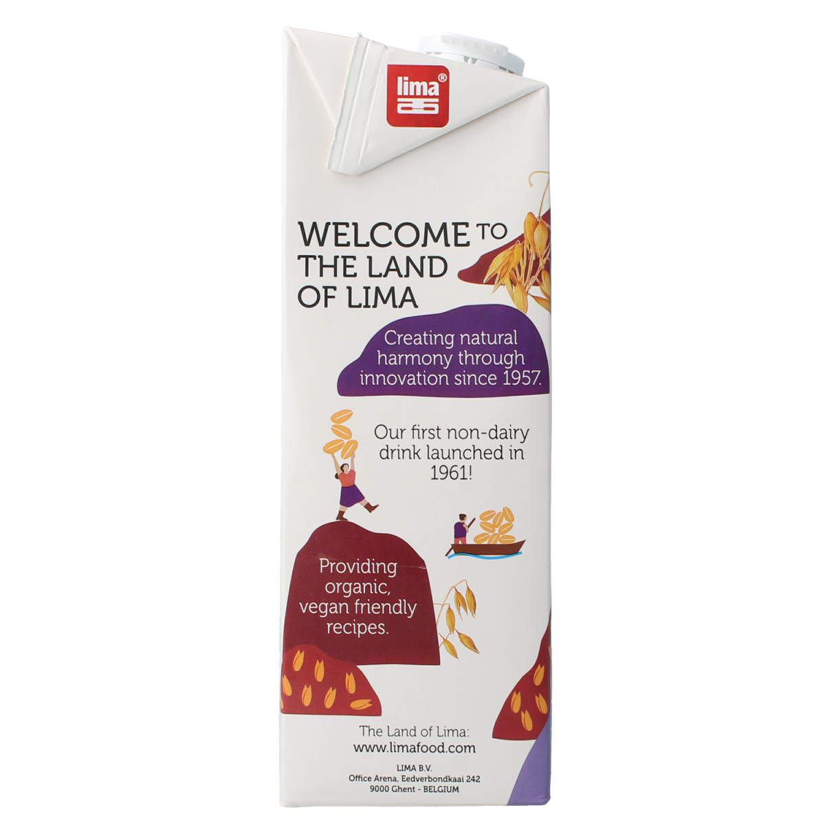Lima sugar-free oat drink in a 1-liter carton, organic bio label, with a smooth oat beverage visible in the image.