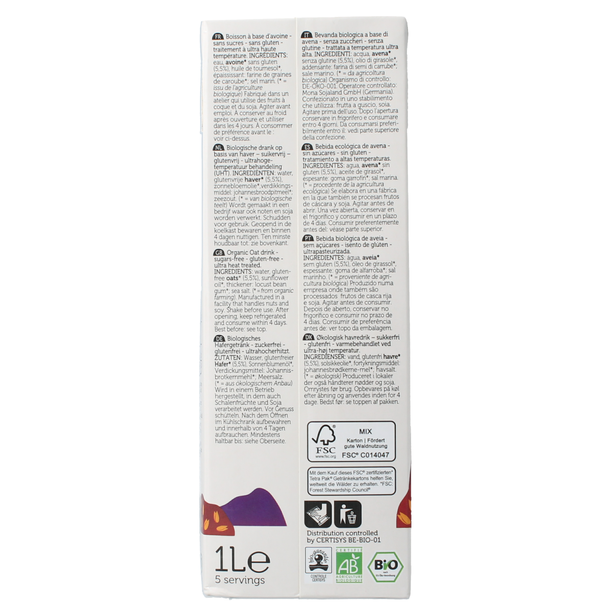 Lima sugar-free oat drink in a 1-liter carton, organic bio quality, with a smooth, creamy appearance and a light oat color.
