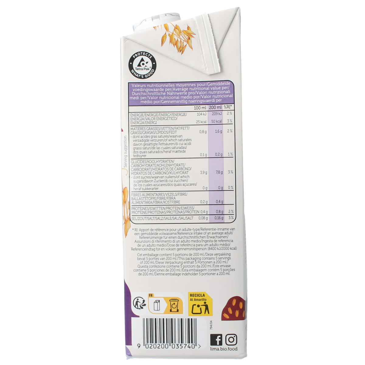 Lima sugar-free oat drink in a 1-liter carton, organic and suitable for plant-based diets.