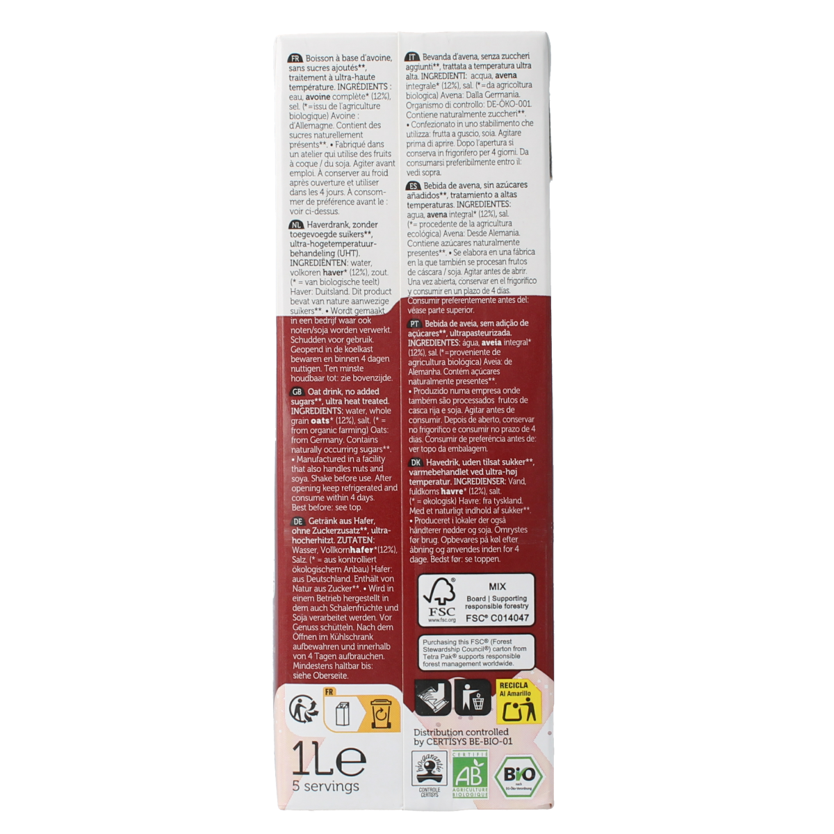 Lima Pur oat drink bio in a 1-liter carton, creamy plant-based beverage, natural and organic, from Lima brand.