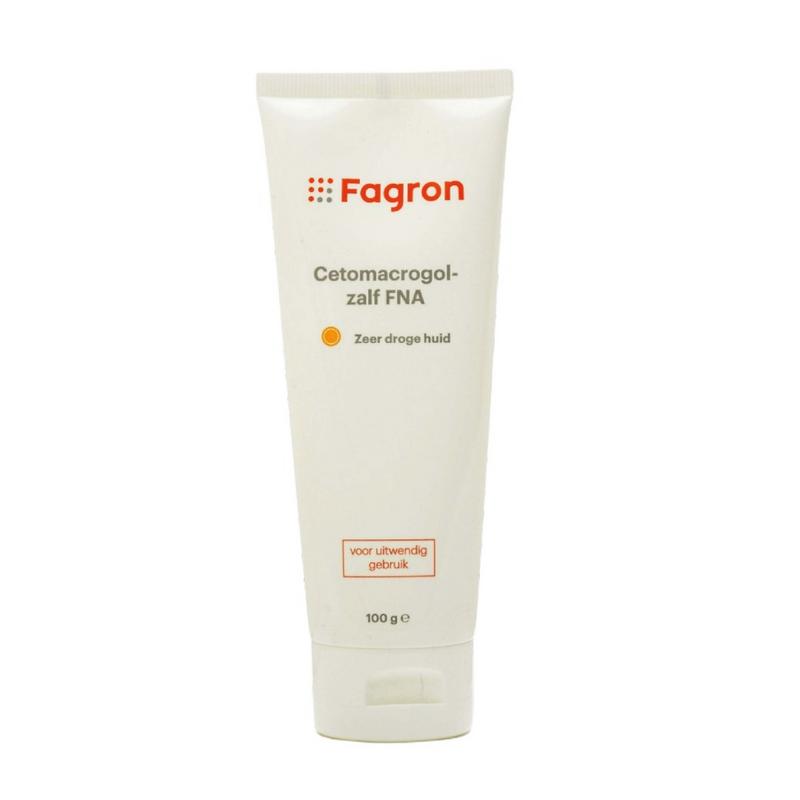 Fagron Cetomacrogolzalf FNA body care cream in 100g tube, smooth and creamy texture for skin moisturizing and protection.