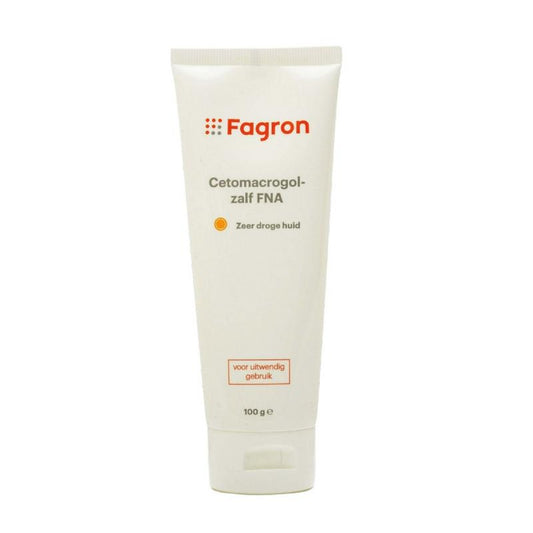 Fagron Cetomacrogolzalf FNA body care cream in 100g tube, smooth and creamy texture for skin moisturizing and protection.