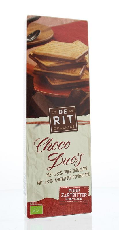 De Rit bio pure sandwichkoekje koeken on a plate, 150g box, close-up of golden, crunchy cookies with smooth filling.