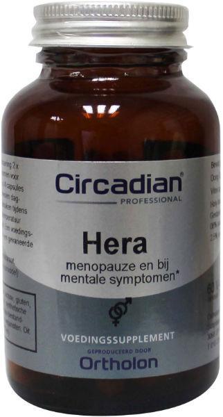 Circadian Hera vegetarian herbal capsules in a transparent bottle with green label, showcasing the capsules inside.