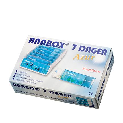 Spruyt Hillen Anabox 7-day medication organizer in blue, with individual compartments for daily pill storage.