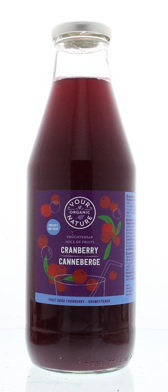 Unopened bottle of Your Organic Nature organic unsweetened cranberry juice in a 750ml glass bottle, with fresh cranberries around it.