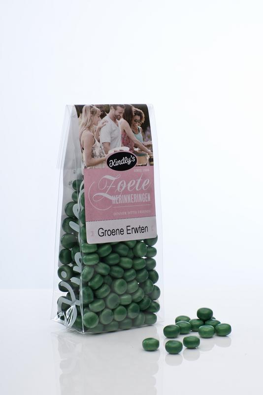 Kindly's Groene Erwten Zoete Herinneringen candy in 170g bag, colorful pea-shaped snoepgoed with vibrant green and yellow hues.