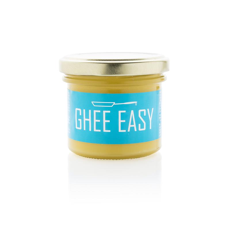 Ghee Easy natural bio ghee in a 100g jar, showcasing the golden, smooth clarified butter for cooking and baking.
