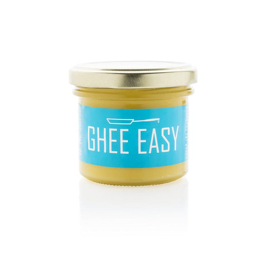 Ghee Easy natural bio ghee in a 100g jar, showcasing the golden, smooth clarified butter for cooking and baking.