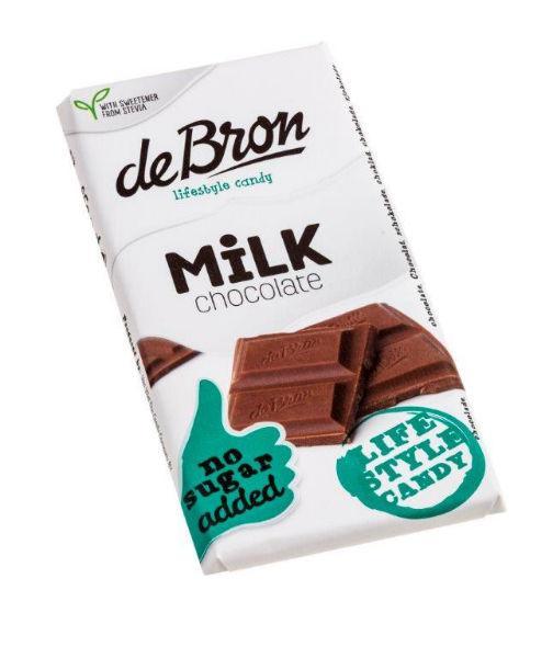 De Bron melk stevia snoepgoed in 85g packet, showing creamy chocolate candies with milk and stevia ingredients.